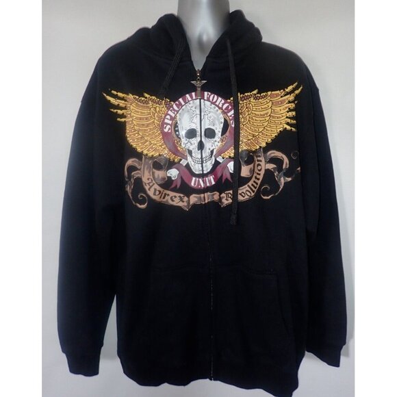 Avirex Hoodie Mens  Black Embroidered Winged Skull Full Zip Streetwear 2XB EUC‎ - Picture 1 of 7